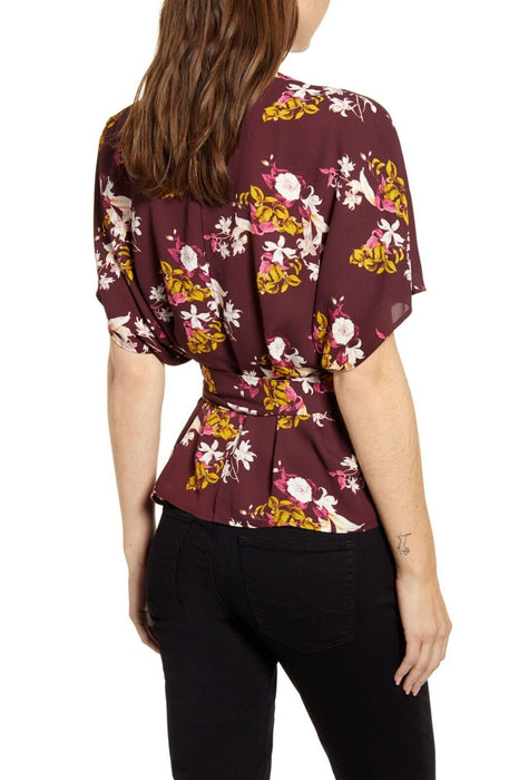 CHELSEA28 Wrap Style Belted floral blouse  in Red size small in burgundy $69