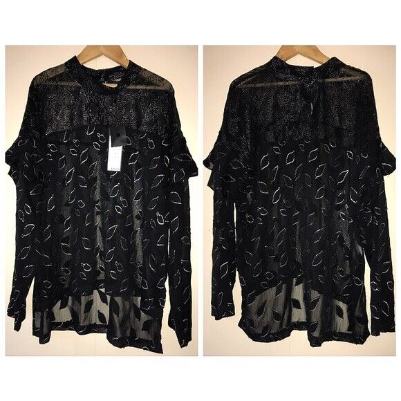 BCBGMAXAZRIA Sheer Chiffon Metallic Top In Black Combo Size L $198