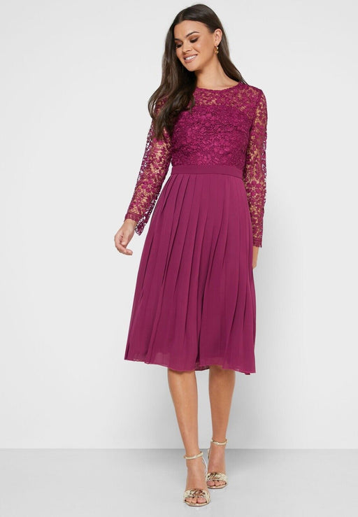 CHI CHI LONDON Lace Top Pleated Skirt Midi Dress In Berry Size 4