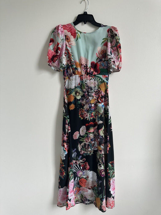 Lipsy Flora & Fauna Art Puff-Sleeve Midi Dress size 2 US