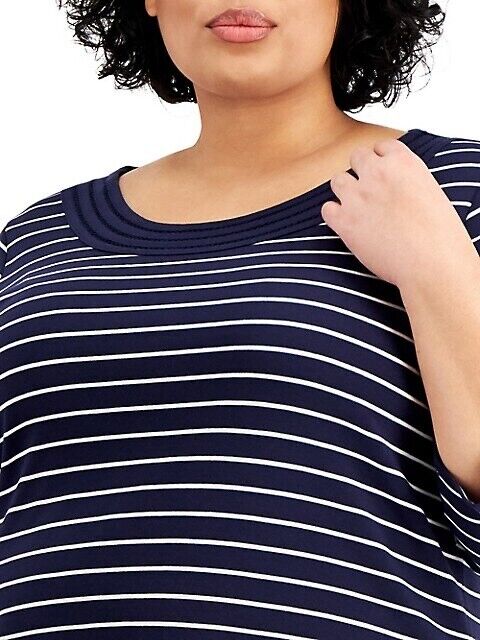 Karen Scott Crochet Trim 3/4 Sleeve Cotton Tunic Top White Black Stripe Size 2X