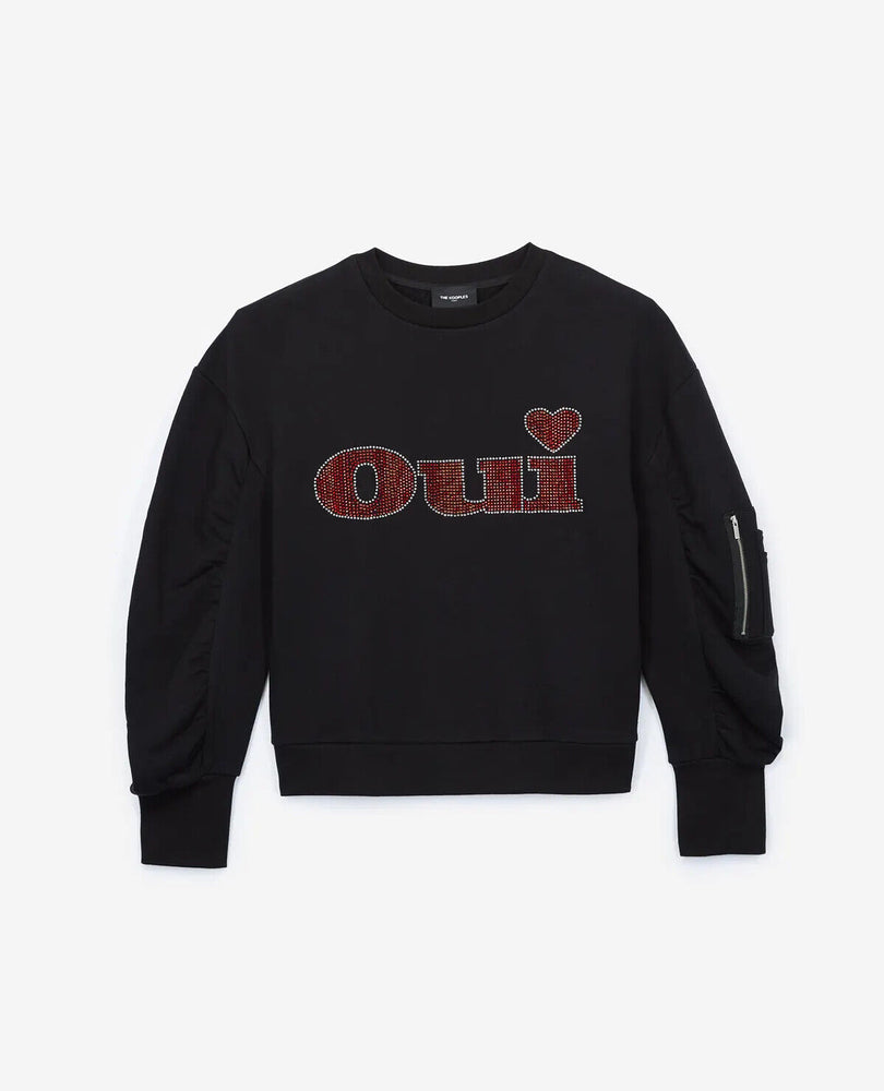 The Kooples Women's OUI Strass Puff Sleeve Fleece Sweater In Black Size 1