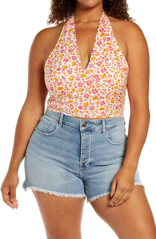 BP. V-Neck Halter Top Floral Crop Top Pink Orange Plus Size 1X