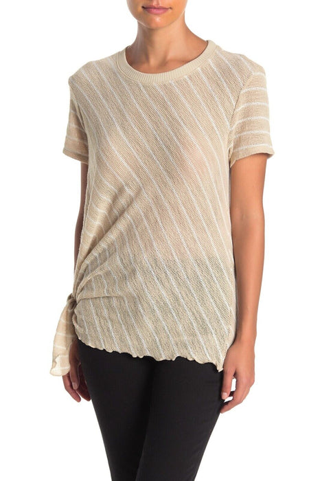 Everleigh Short Sleeve Tie Front Shirt Open Knit Top In Oatmeal Ivory Size XS