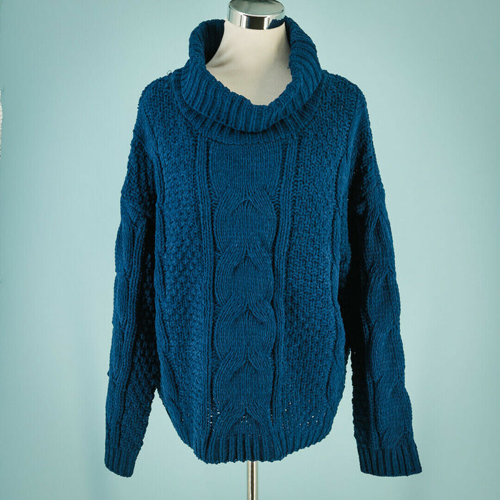 Just Madison women's Size XL Chunky Turtleneck Cable Knit Sweater Blue $89
