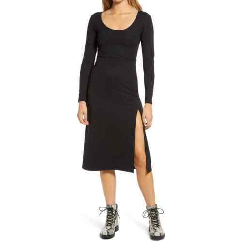 Leith Women's Long Sleeve Side Slit Midi Dress Scoop Neck A-Line Black Size M
