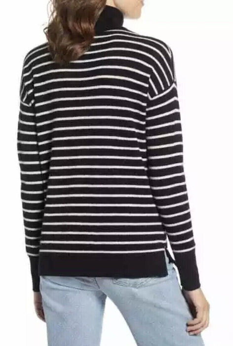 Halogen Cashmere Turtleneck Sweater in Black/White Stripe Size L