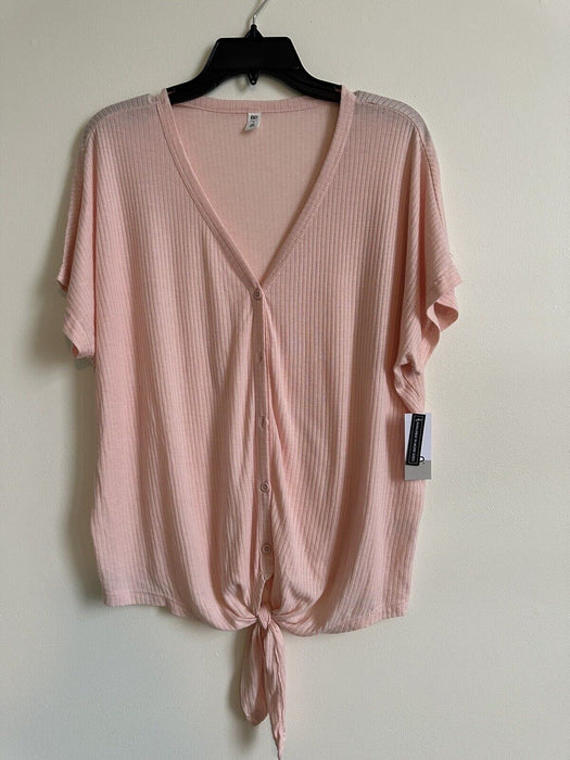 BP Small Toppink  Button Front Soft Knit Top Loose Short Sleeve V-Neck Solid S