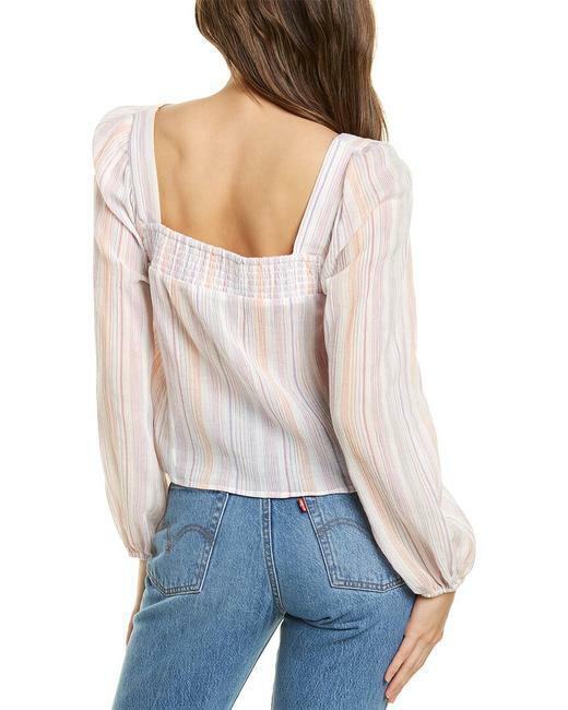 BCBGeneration Pink Chiffon Smocked Striped Square Neck Blouse Size M $78