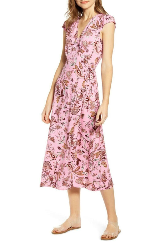 LOVE, FIRE Nordstrom Chic Pink Floral Paisley V-Neck Midi Wrap Dress XS Junior