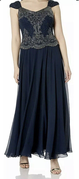 J Kara women's  Navy Blue Beaded Chiffon maxi Dress Size 12 in navy $299