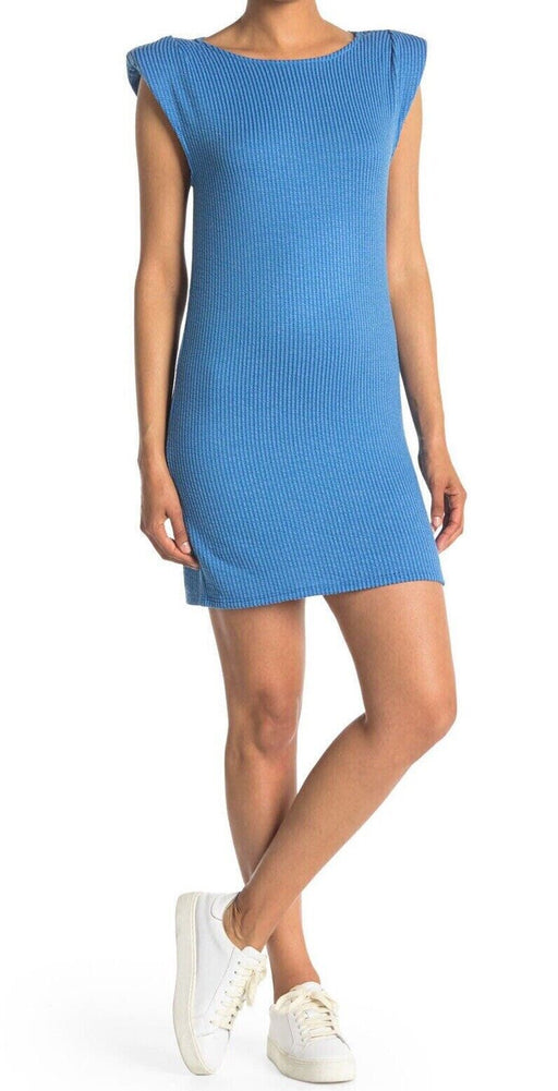 Susina Shoulder Padded Tank Bodycon Dress Womens L Blue Rib Knit Mini NWT