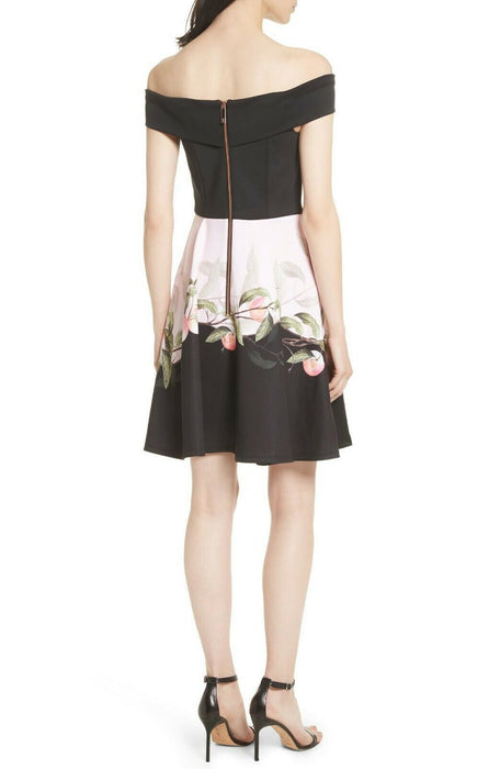 Ted Baker Women's Off Shoulder Fit Flare Dress Peach Floral Print Size 0 $298