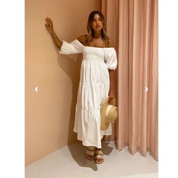 Faithfull the Brand  $450 Tiered Cotton Poplin Midi Dress Puff Sleeve XXL