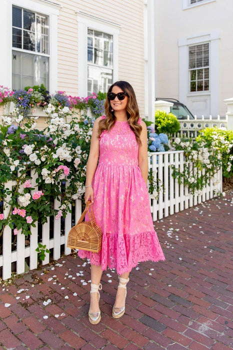 Eliza J Ruffle Lace Midi Sleeveless Dress In Pink Size 0