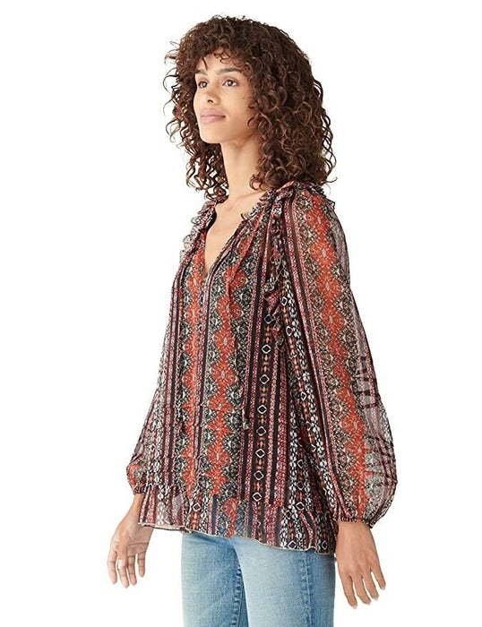Lucky Brand Long Sleeve Chiffon Peasant Top In Black Multi Size S