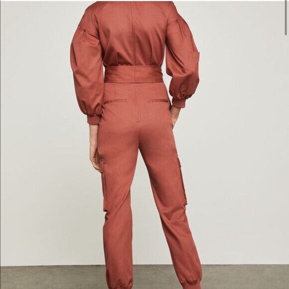 BCBGMAXAZRIA Pleated Cotton Jumpsuit Cargo Pockets Tandoori Spice Size XXS $348