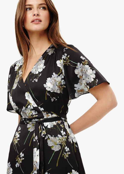 Phase Eight Tasha Wrap Satin Belted Dress In Black Floral US 12 / UK 16 $240