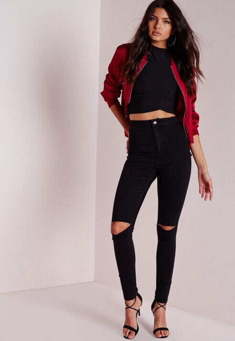 MISSGUIDED VICE  HIGHWAISTED SLASH RIPPED KNEE SKINNY JEANS BLACK UK8/US4 26