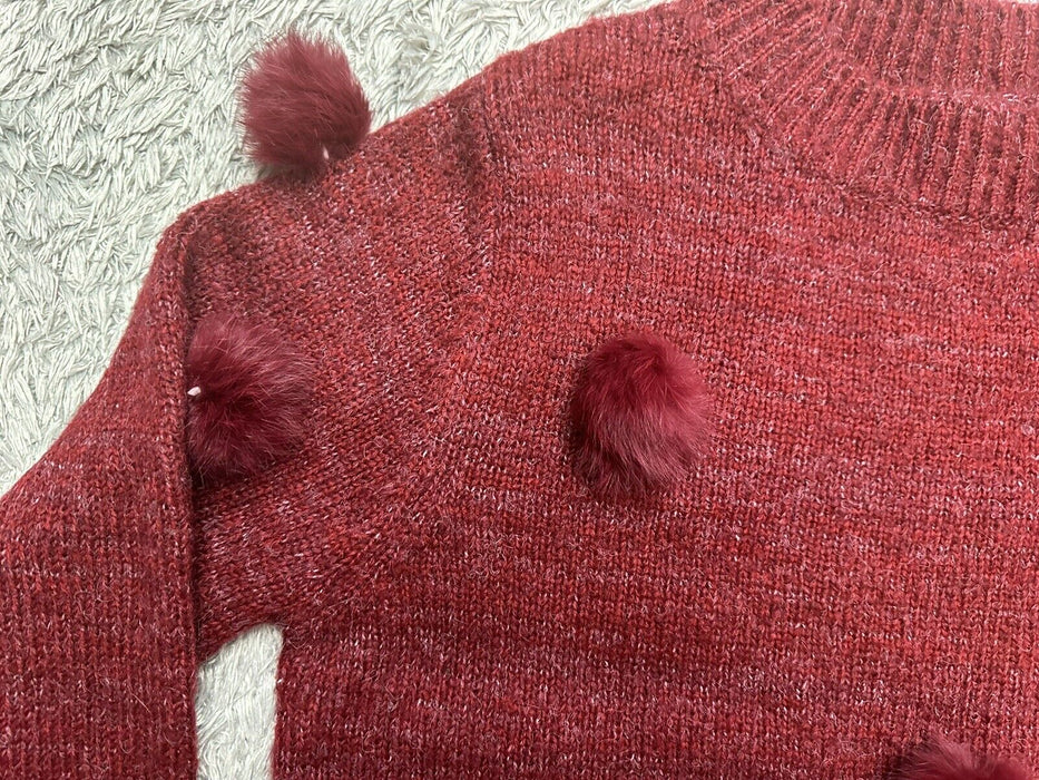 Michelle Nicole Rabbit Fur Pom Pom Long Sleeve Crewneck Sweater Wine Red Size M