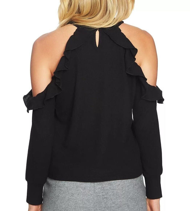 1 State Women's Cold Shoulder Ruffle Edge Top Keyhole Back Long Sleeves Size M