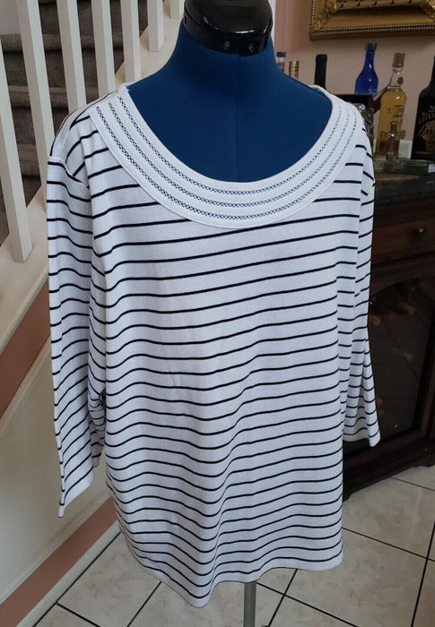 Karen Scott Crochet Trim 3/4 Sleeve Cotton Tunic Top White Black Stripe Size 2X