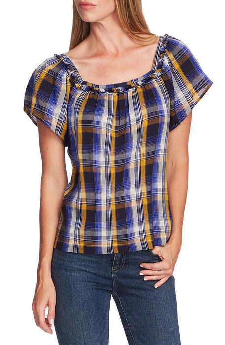 VINCE CAMUTO Sunset Plaid Square-neck Blouse In Electric Blue $69 size M