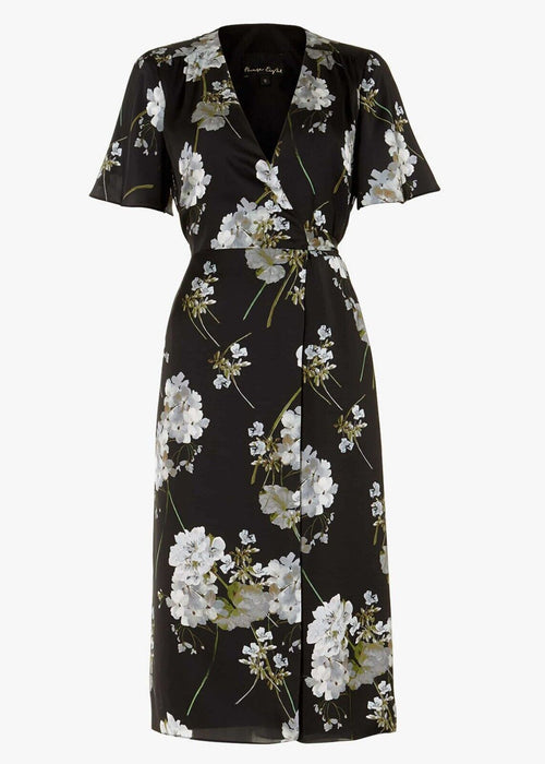 Phase Eight Tasha Wrap Satin Belted Dress In Black Floral US 12 / UK 16 $240