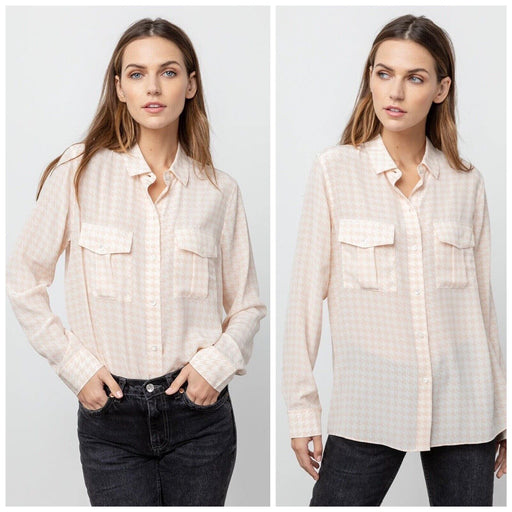 Rails Womens Rhett Silk Ivory Blush Houndstooth Shirt Button Front Size L