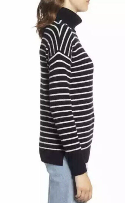 Halogen Cashmere Turtleneck Sweater in Black/White Stripe Size L