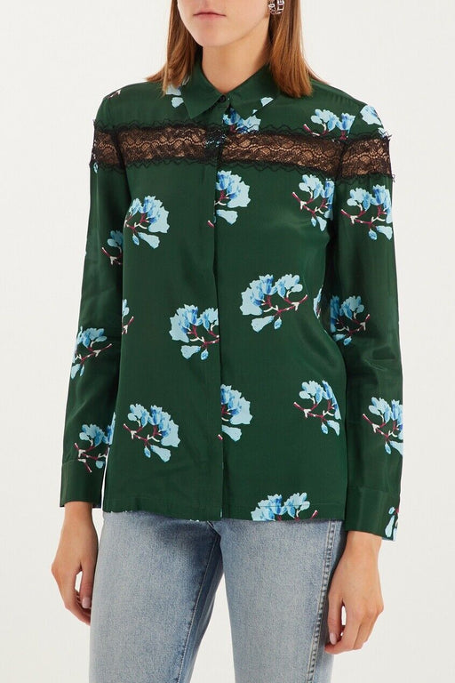 Maje Ciloise Lace Inset Silk Blend Button Blouse Green Floral Print Size 4 $300