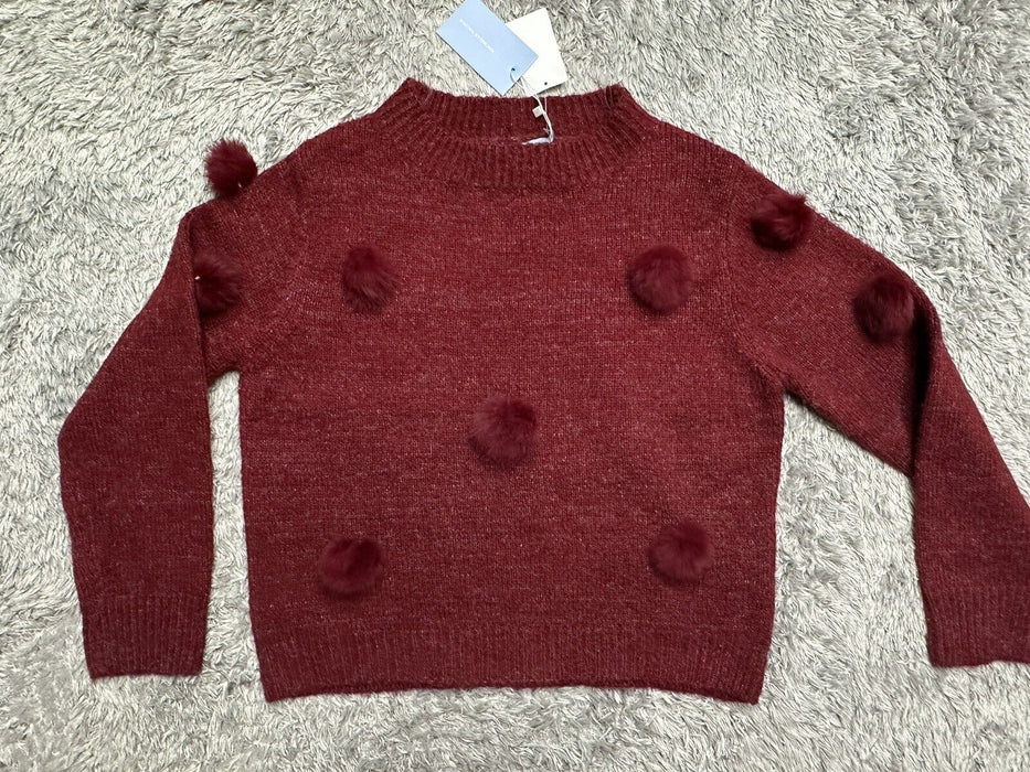Michelle Nicole Rabbit Fur Pom Pom Long Sleeve Crewneck Sweater Wine Red Size M