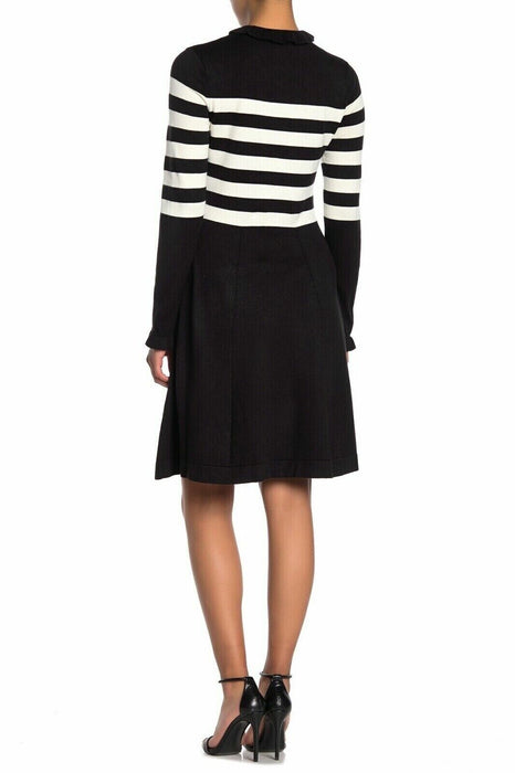Eliza J Black White Ruffle Neck Stripe Print Fit and Flare Dress $188 Size L
