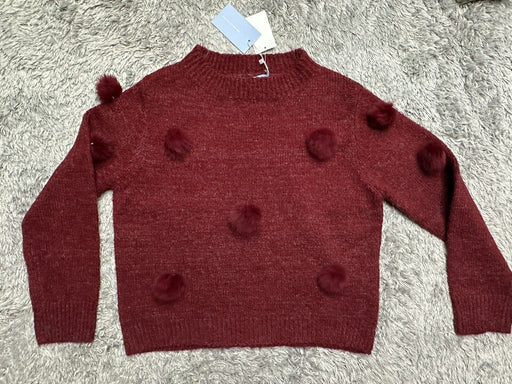 Michelle Nicole Rabbit Fur Pom Pom Long Sleeve Crewneck Sweater Wine Red Size M