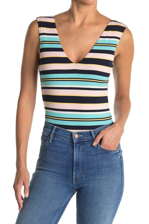 AFRM Mooni Striped Double V-Neck Sleeveless Bodysuit In Pastel Pink Size XL