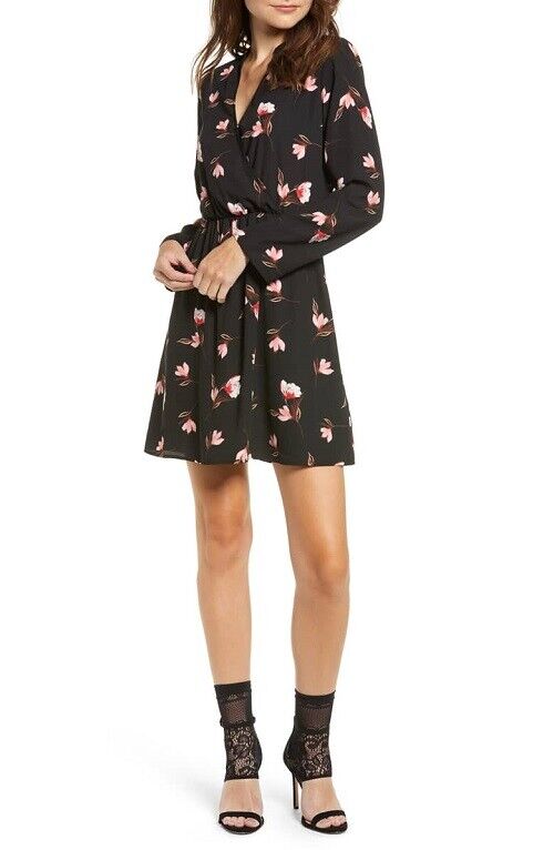 All In Favor Women's Surplice Dress In Black Pink Floral Size M