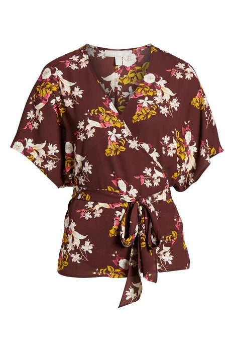 CHELSEA28 Wrap Style Belted floral blouse  in Red size small in burgundy $69