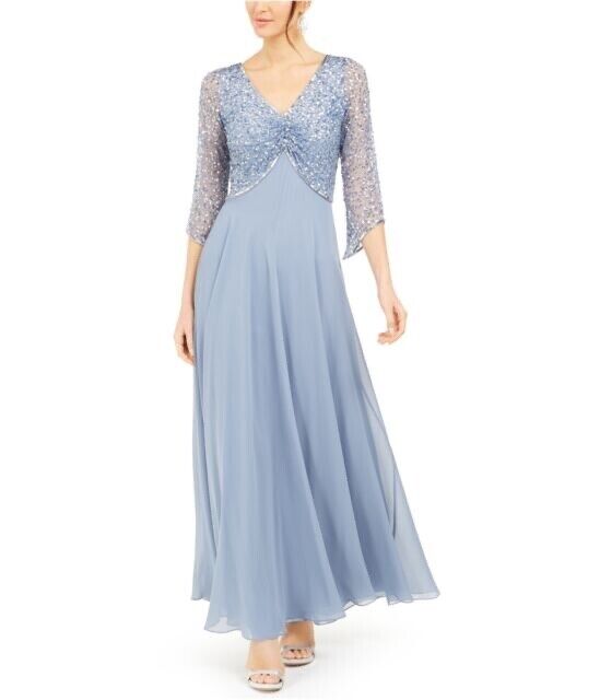 J Kara Women's 3 / 4 Sleeve Geo Beaded Dress Gown 1125NP size 14 dusty Blue $299 J Kara Women's 3 / 4 Sleeve Geo Beaded Dress Gown 1125NP size 14 dusty Blue $299
