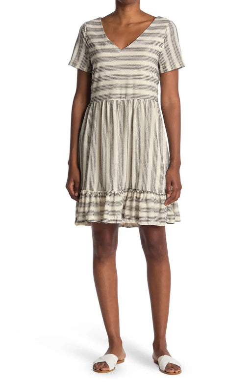 Vero Moda Nimue Striped V-Neck Flounce Hem Dress In Birch Detail Black Size S