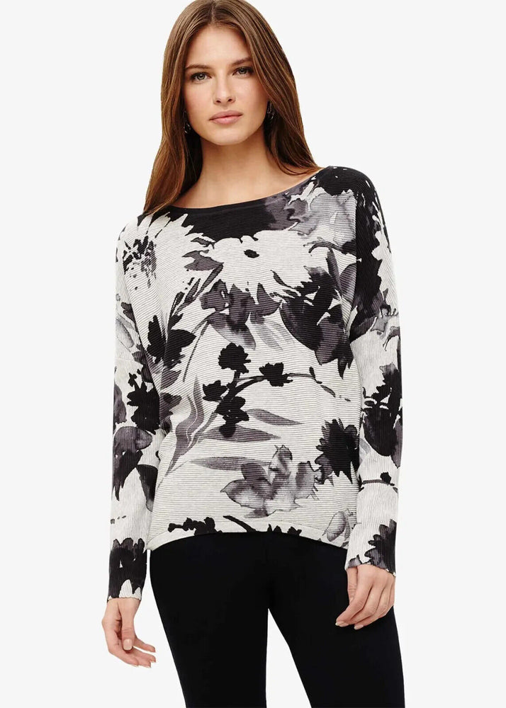 Phase Eight Dawne Long Sleeve Ribbed Knitted Daisy Print Top In Grey Size L