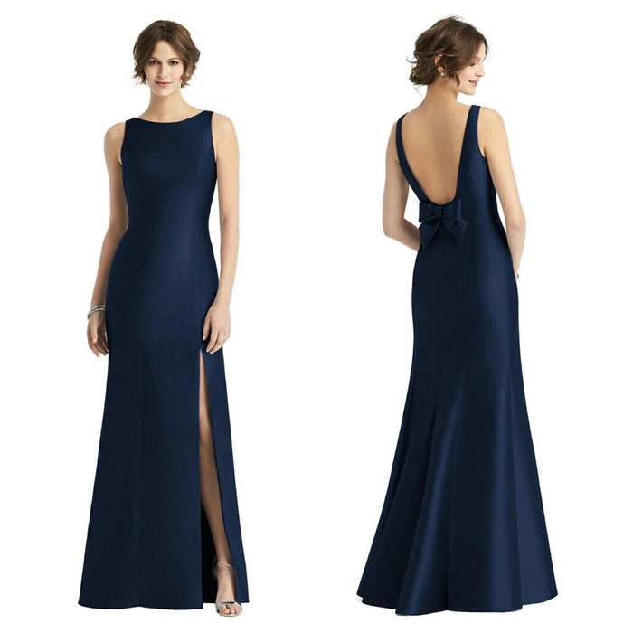 Alfred Sung Sleeveless Satin Gown Low Bow Backless Black D770 Size 2