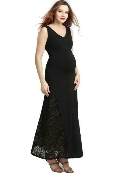 Kimi + Kai Tilda Maternity Lace Trim Mermaid Maxi Dress Size S in black