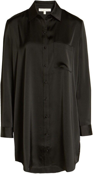 WAYF Hiedi Long Sleeve Shift Shirtdress In Black Satin Size M