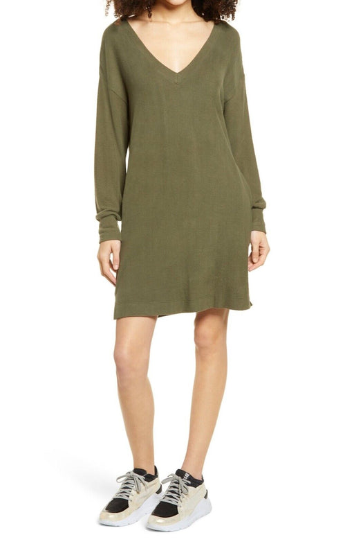 Socialite Double-V Long Sleeve Knit Dress Dark Olive Size M $59
