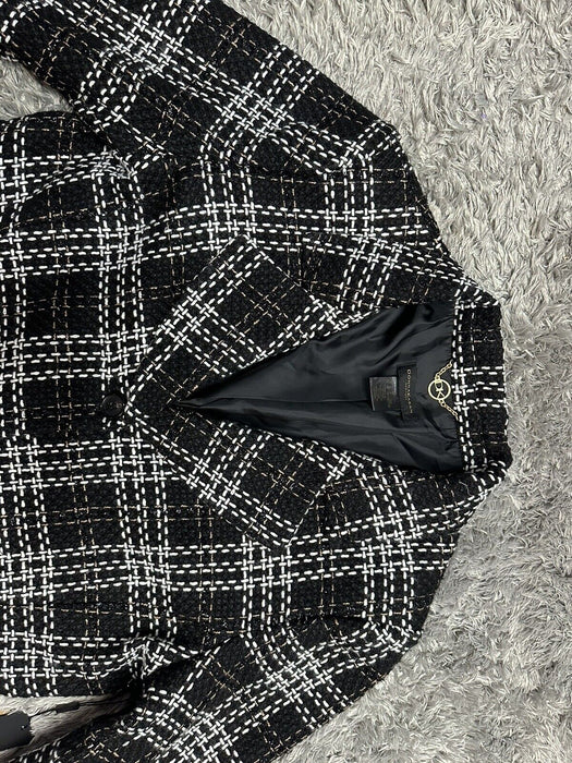Donna Karan Women's Black Plaid Tweed Three Button Topper Jacket coat Size 14