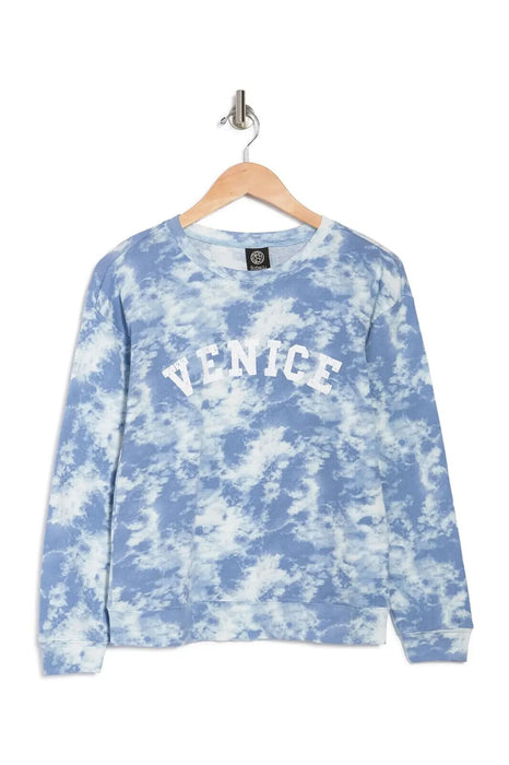 Bobeau Tie Dye Screen Print Venice Pullover Sweater In Denim/Ivory Size XS