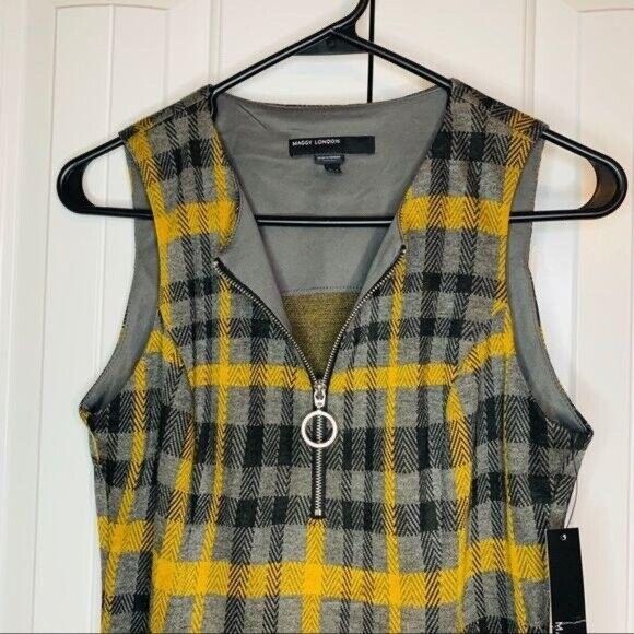 Maggy London Women's Zip Front Plaid Dress In Yellow/Grey/Black Size 8 $178
