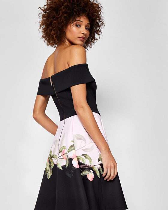 Ted Baker Women's Off Shoulder Fit Flare Dress Peach Floral Print Size 0 $298