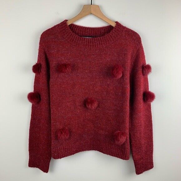 Michelle Nicole Rabbit Fur Pom Pom Long Sleeve Crewneck Sweater Wine Red Size M
