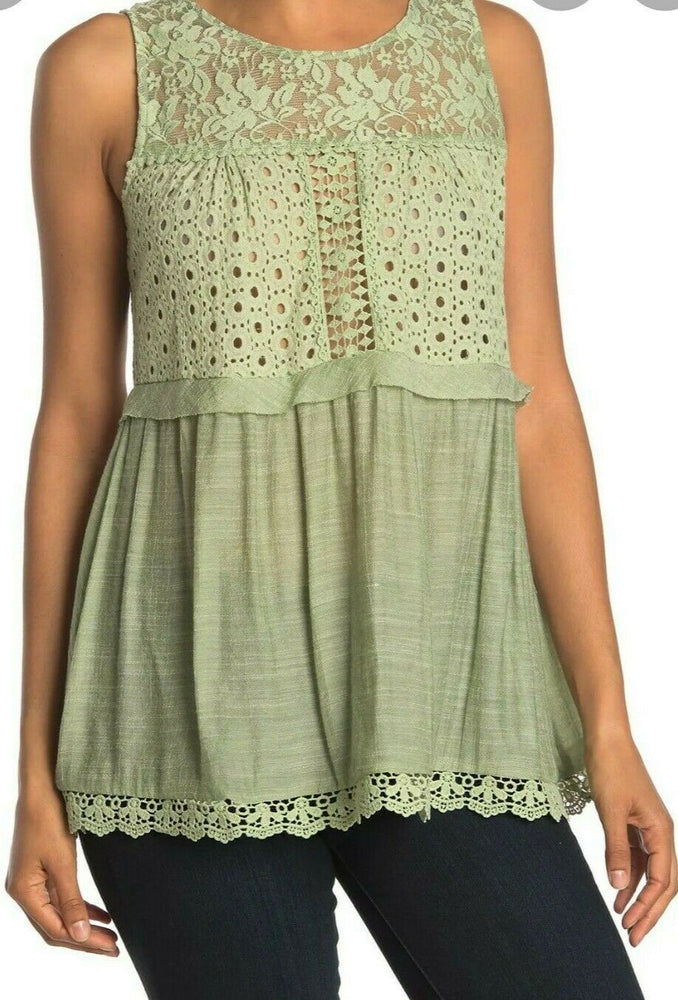 Forgotten Grace Crochet Lace Sleeveless Top Blouse Green Size S